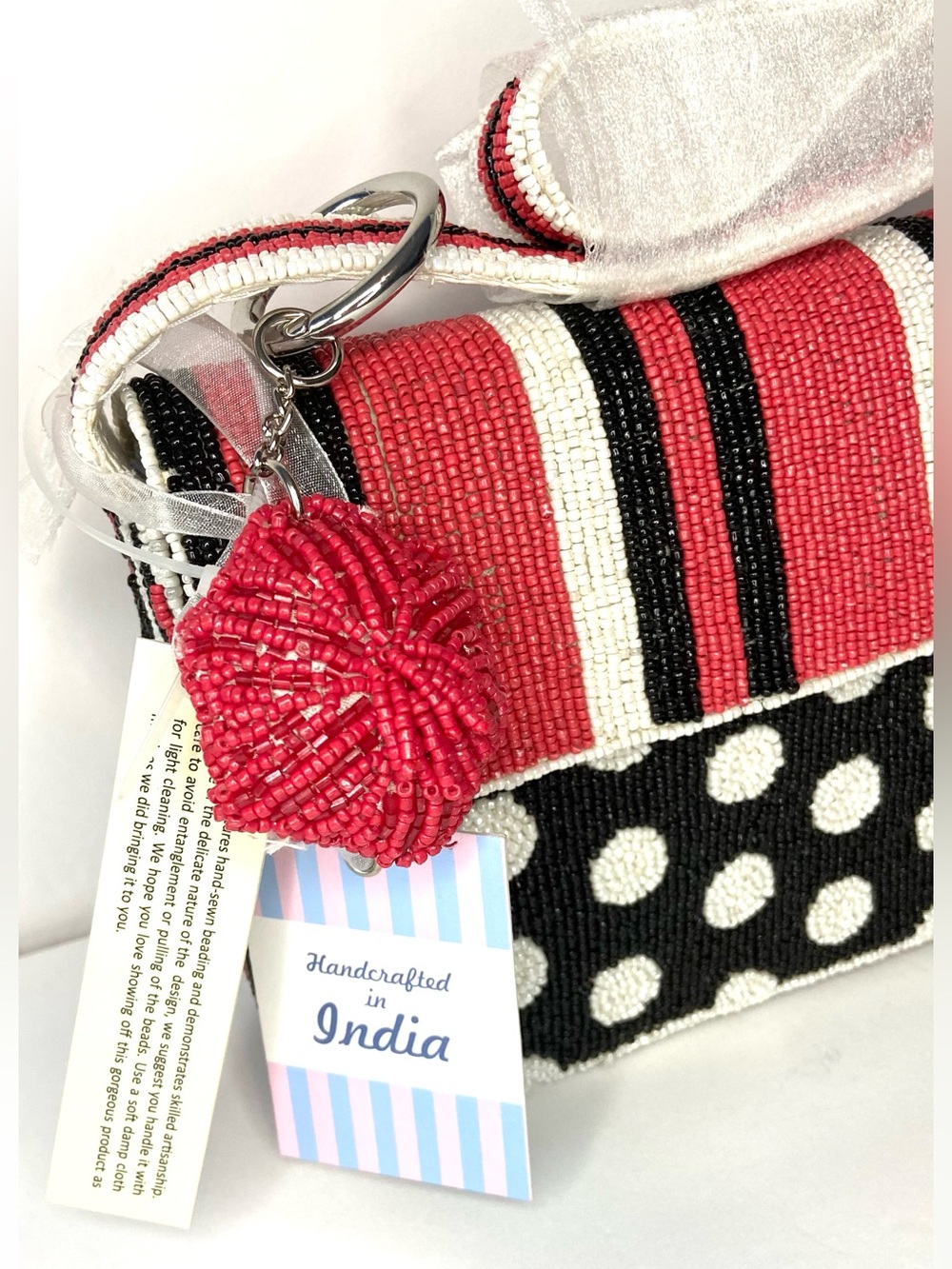 Beaded Polka Dot Shoulder Bag in Black, White & Red w 5 random free  gift items - Picture 2 of 10